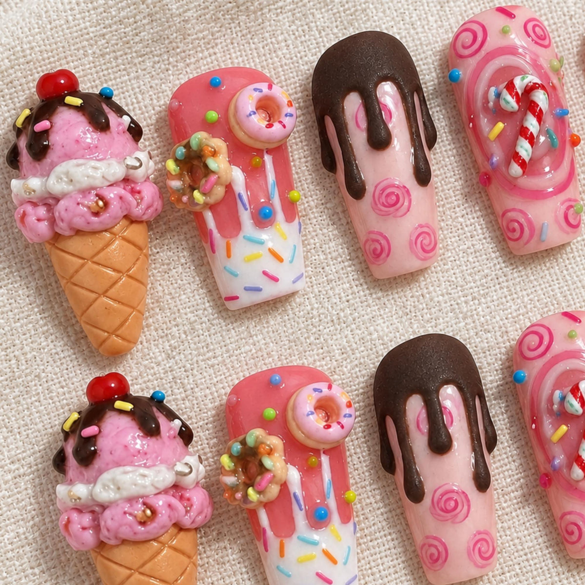 3D Ice Cream Press On Nails, Kawaii Dessert Nail Set, Handmade Pink Sweet Sprinkle Nails
