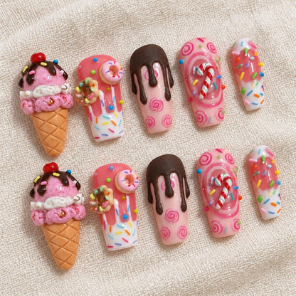 3D Ice Cream Press On Nails, Kawaii Dessert Nail Set, Handmade Pink Sweet Sprinkle Nails