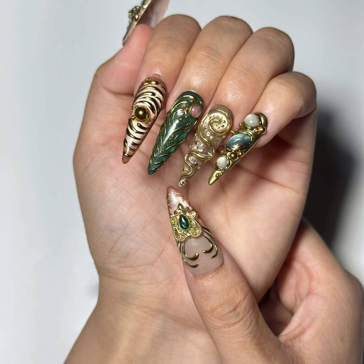 Emerald Jewelry Press On Nails | Gold Chrome Gemstone Nail Set | Ornate Baroque Fantasy Nails | Luxury Handmade Nails | JB457JG