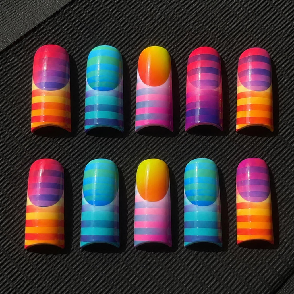 Colorful Stripe Press On Nails, Retro Pop Art Nails, Neon Rainbow Summer Nails