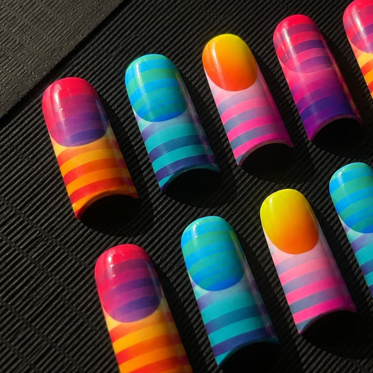 Colorful Stripe Press On Nails, Retro Pop Art Nails, Neon Rainbow Summer Nails