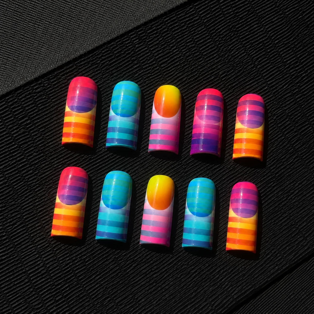 Colorful Stripe Press On Nails, Retro Pop Art Nails, Neon Rainbow Summer Nails