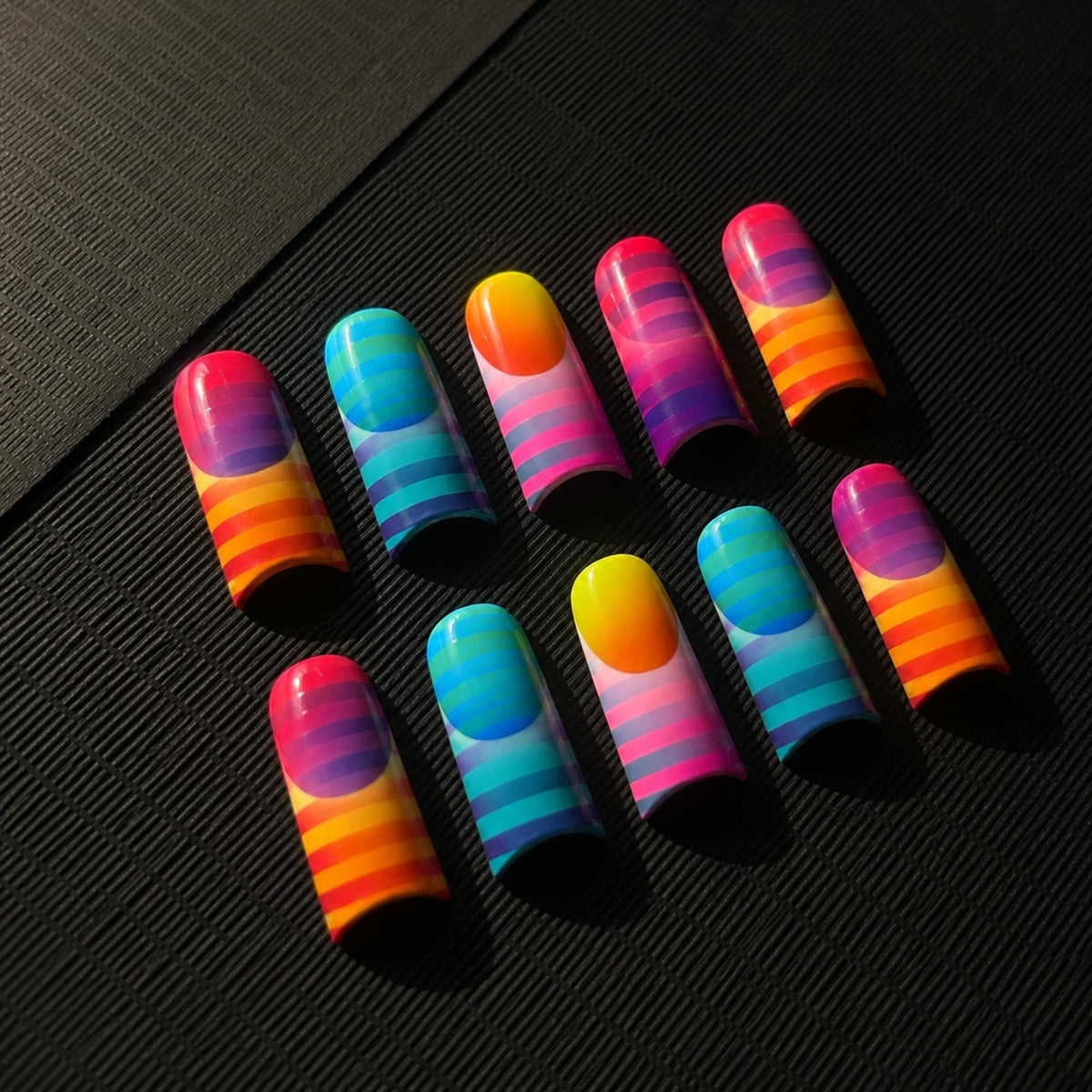 Colorful Stripe Press On Nails, Retro Pop Art Nails, Neon Rainbow Summer Nails