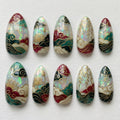 Oriental Lotus Press On Nails | Asian Traditional Art | Elegant Almond Nails | Auspicious Clouds Nail | Gold Outline Hand Painted Nail