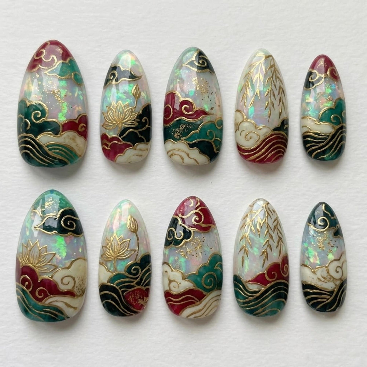 Oriental Lotus Press On Nails | Asian Traditional Art | Elegant Almond Nails | Auspicious Clouds Nail | Gold Outline Hand Painted Nail