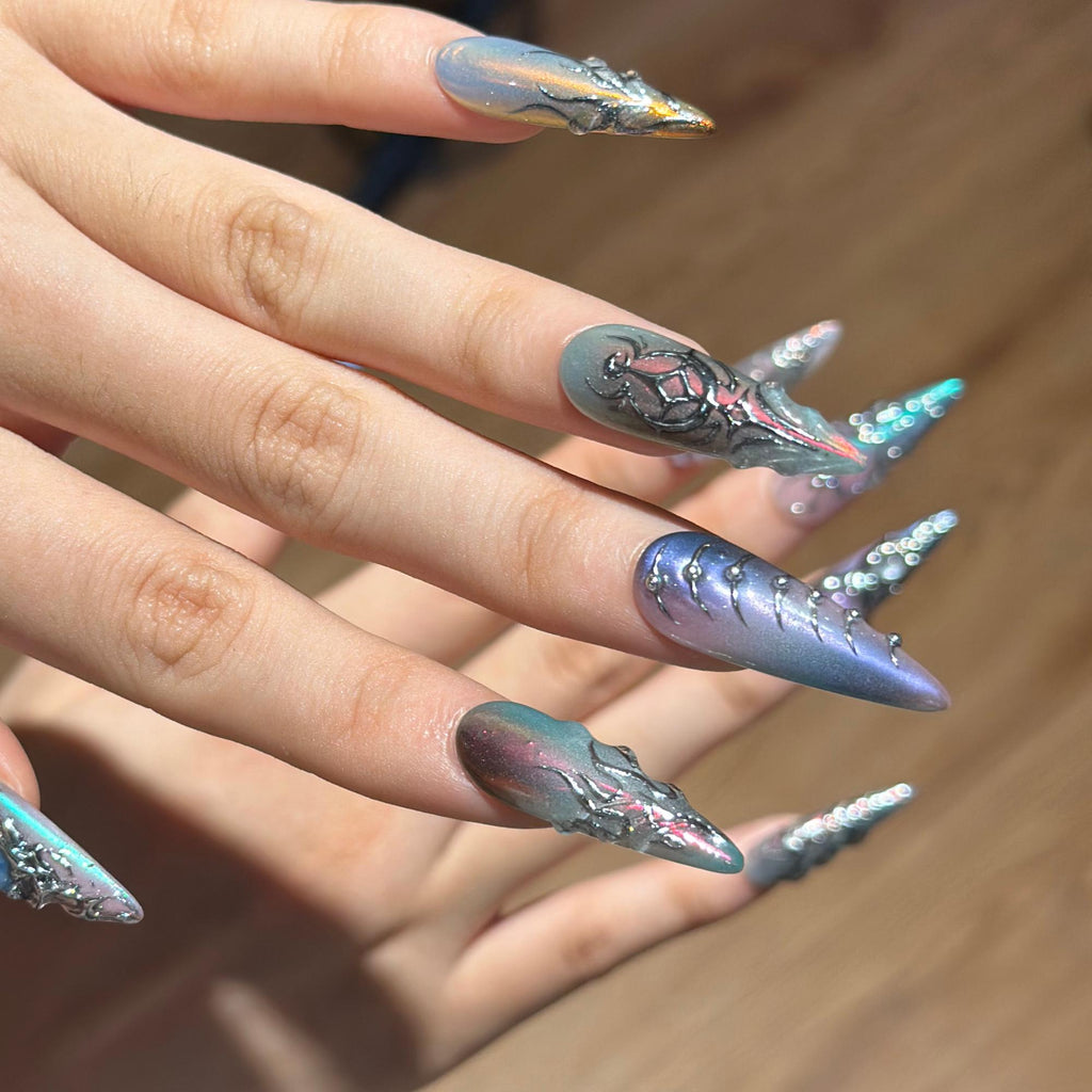 Spider Web Press On Nails with Dark Fantasy Chrome, 3D Metallic Gothic Nails, Alt Fashion Statemen, Press on nail almond , JB468WG