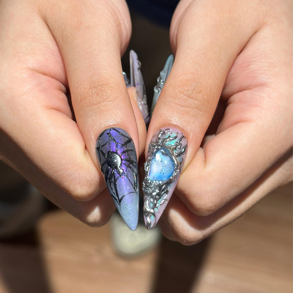 Spider Web Press On Nails with Dark Fantasy Chrome, 3D Metallic Gothic Nails, Alt Fashion Statemen, Press on nail almond , JB468WG
