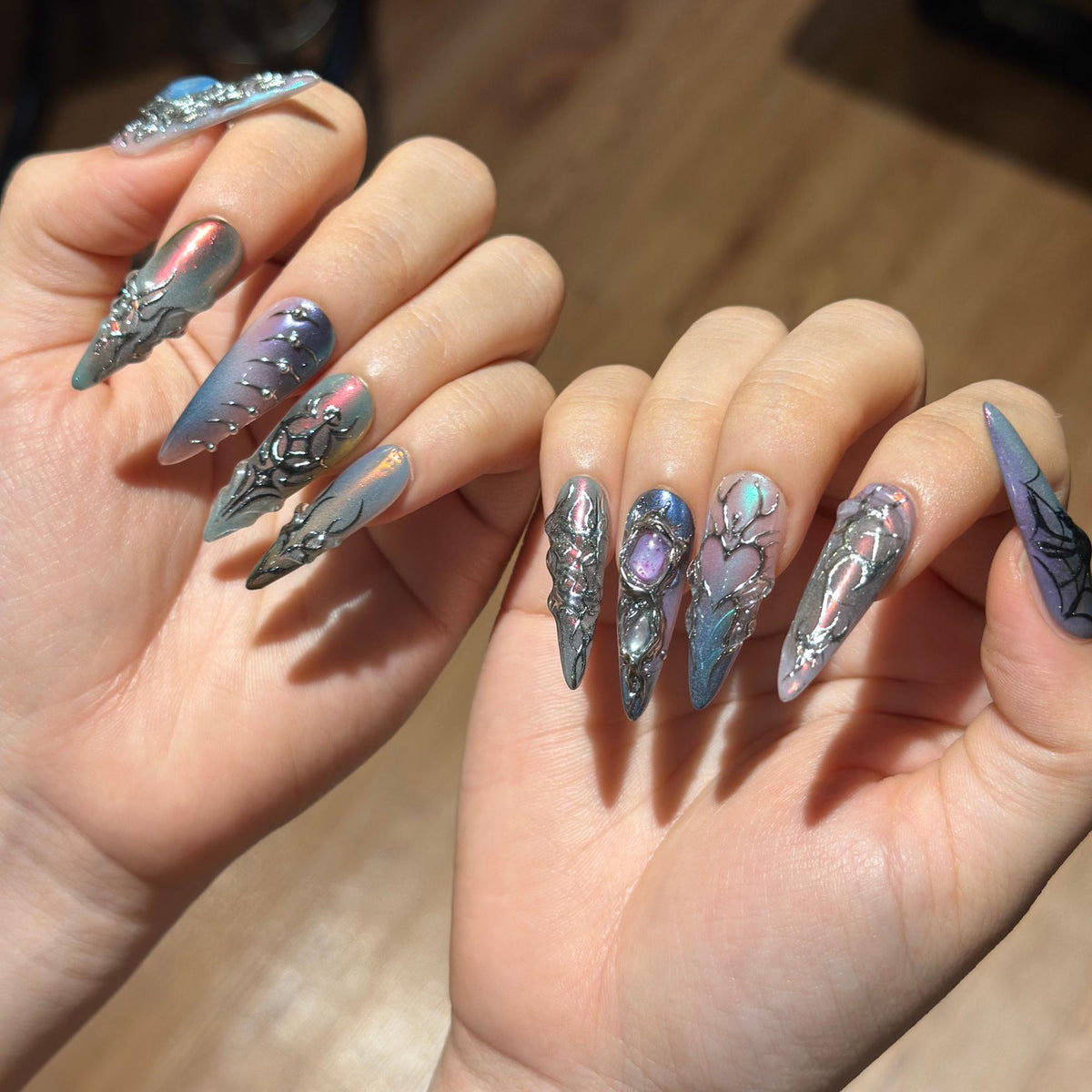 Spider Web Press On Nails, Dark Fantasy Chrome, 3D Metallic Gothic Statement, Almond Shape JB468WG