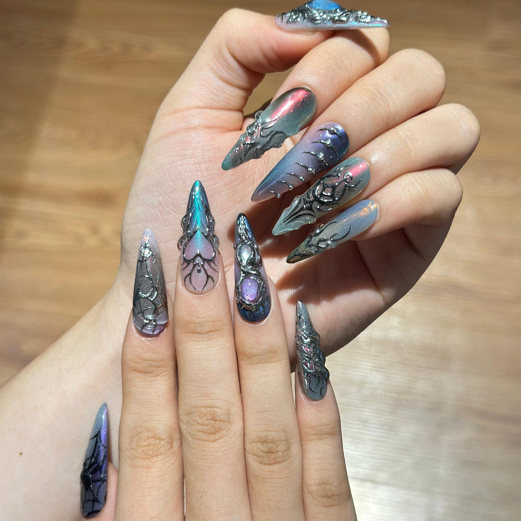 Spider Web Press On Nails, Dark Fantasy Chrome, 3D Metallic Gothic Statement, Almond Shape JB468WG