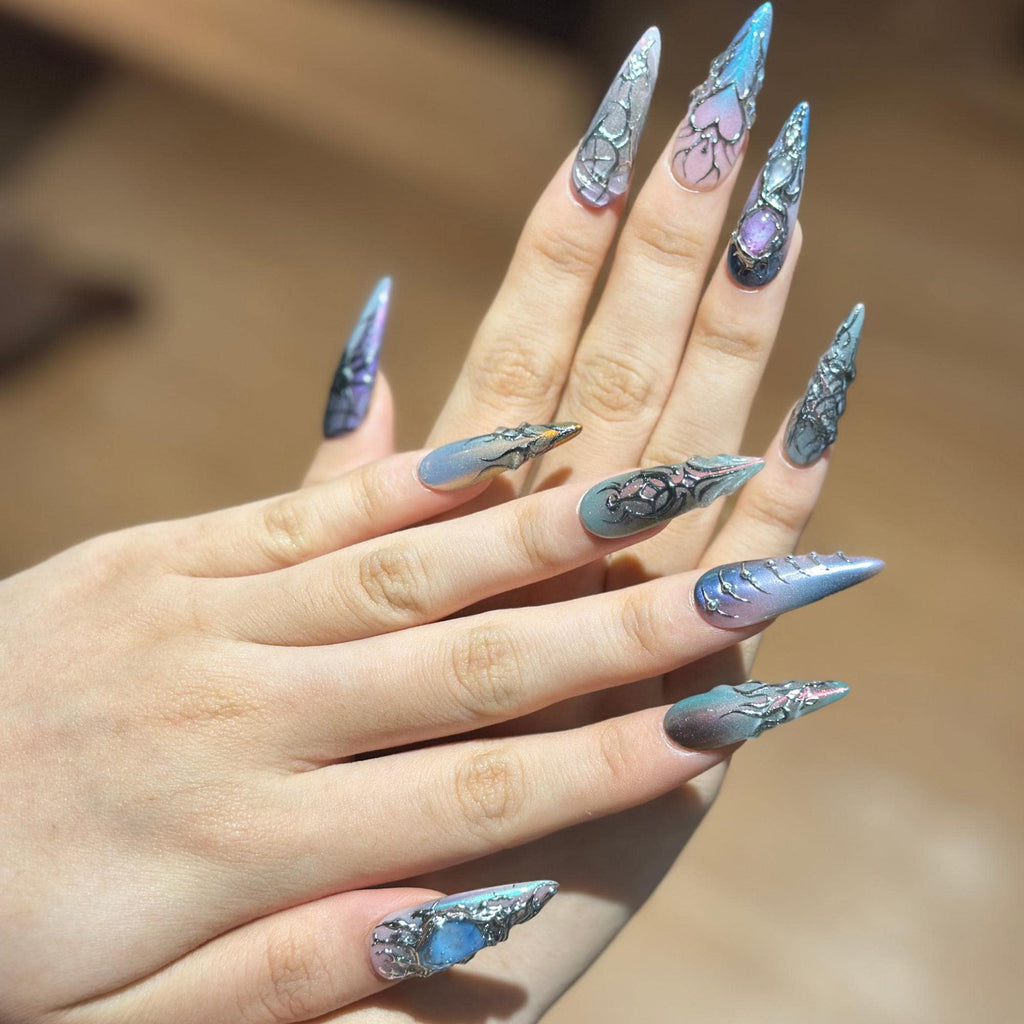 Spider Web Press On Nails with Dark Fantasy Chrome, 3D Metallic Gothic Nails, Alt Fashion Statemen, Press on nail almond , JB468WG