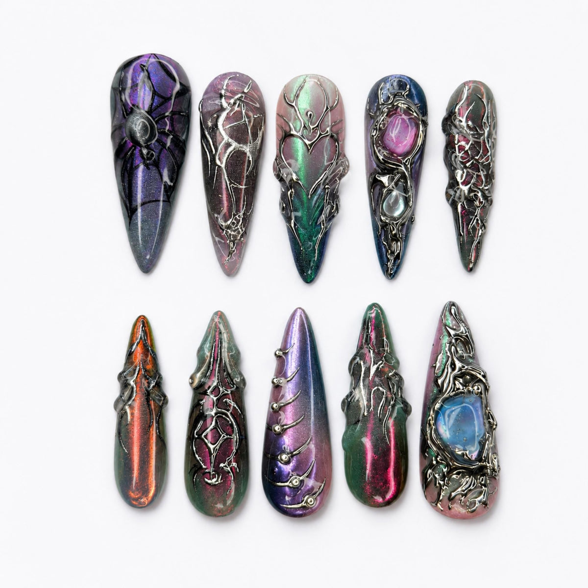 Spider Web Press On Nails with Dark Fantasy Chrome, 3D Metallic Gothic Nails, Alt Fashion Statemen, Press on nail almond , JB468WG