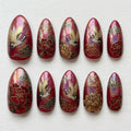 Red Crane Peony Press On Nails | Asian Traditional Vibe | Classic Almond Nails | Golden Cloud Bird Nail | Hand Painted Gold Art Nail