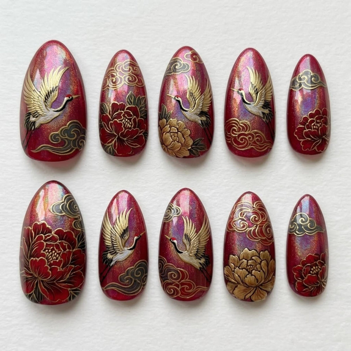 Red Crane Peony Press On Nails | Asian Traditional Vibe | Classic Almond Nails | Golden Cloud Bird Nail | Hand Painted Gold Art Nail