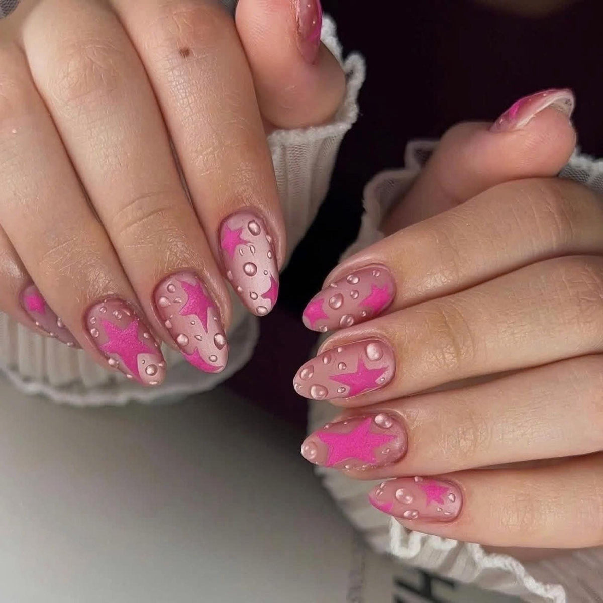 Pink Star Press On Nails, 3D Water Drop Nails, Y2K Kawaii Nail Set
