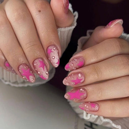 Pink Star Press On Nails, 3D Water Drop Nails, Y2K Kawaii Nail Set