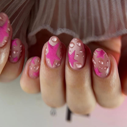 Pink Star Press On Nails, 3D Water Drop Nails, Y2K Kawaii Nail Set