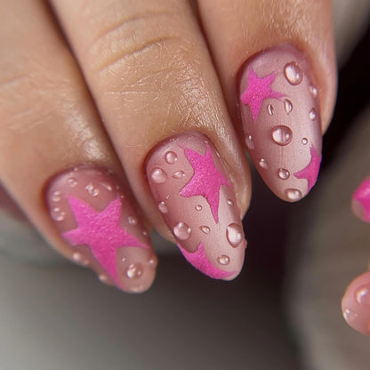 Pink Star Press On Nails, 3D Water Drop Nails, Y2K Kawaii Nail Set