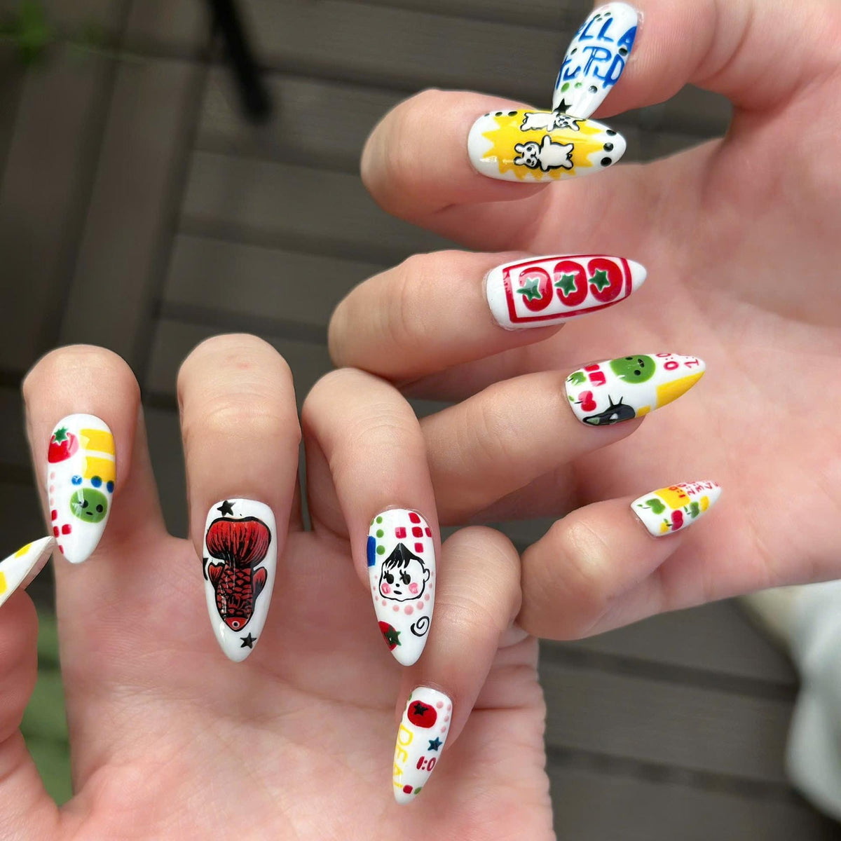 Kawaii Press On Nails with Cartoon Fruit & Bunny | Retro Pop Art Fake Nails in Almond Shape | Handmade Nail Art for Everyday|  JB470UG