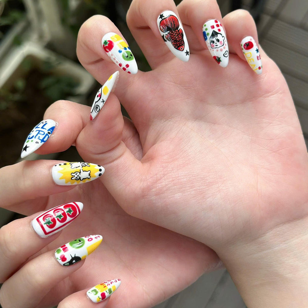 Kawaii Press On Nails with Cartoon Fruit & Bunny | Retro Pop Art Fake Nails in Almond Shape | Handmade Nail Art for Everyday|  JB470UG