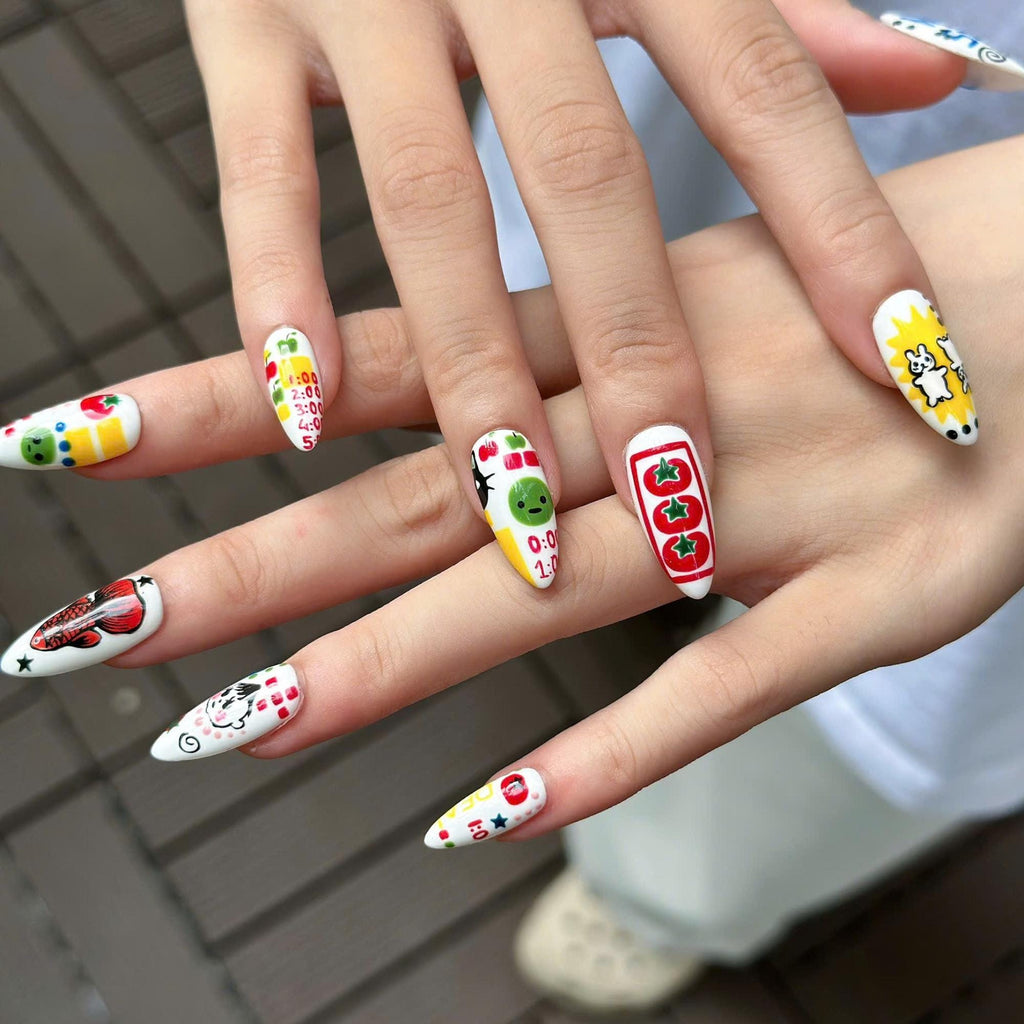 Kawaii Press On Nails with Cartoon Fruit & Bunny | Retro Pop Art Fake Nails in Almond Shape | Handmade Nail Art for Everyday|  JB470UG