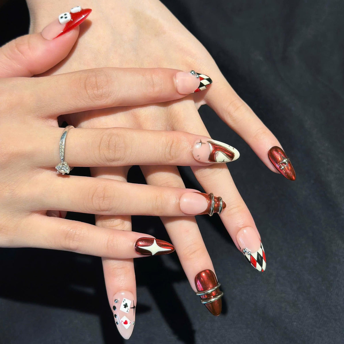 Casino Press On Nails with Dice & Poker Cards | Chrome Red Fake Nails in Almond Shape | Handmade Nail Art for Party, Concert | JB471UC