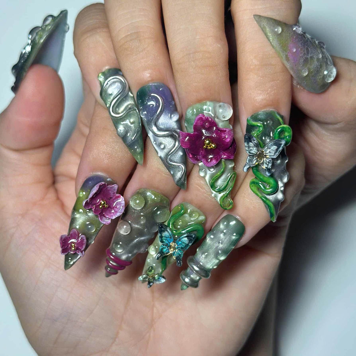 3D Snake Butterfly Press On Nails with Emerald Forest Design | Fantasy Botanical Nail Set | Handmade Nails | JB458JG