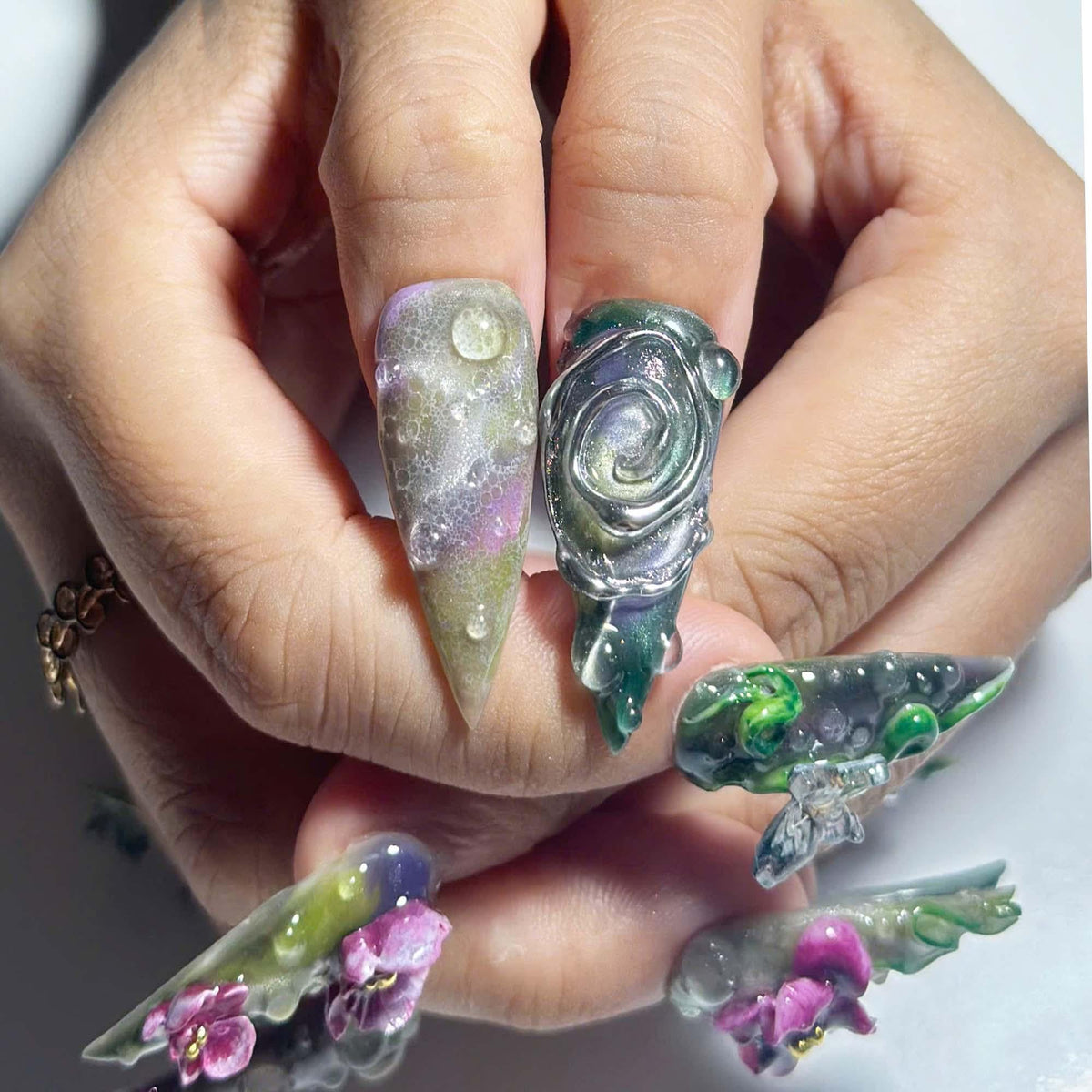 3D Snake Butterfly Press On Nails with Emerald Forest Design | Fantasy Botanical Nail Set | Handmade Nails | JB458JG