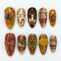 Woodland Autumn Press On Nails | Cozy Forest Inspired | Glossy 3D Almond Nails | Acorn, Mushroom, Hedgehog, Plaid Nail | Handmade Fall Nails