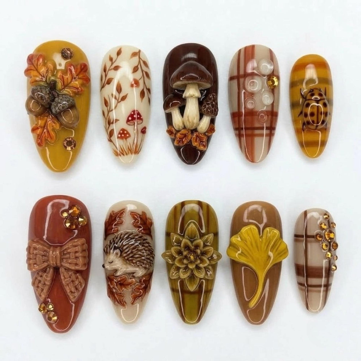 Woodland Autumn Press On Nails | Cozy Forest Inspired | Glossy 3D Almond Nails | Acorn, Mushroom, Hedgehog, Plaid Nail | Handmade Fall Nails