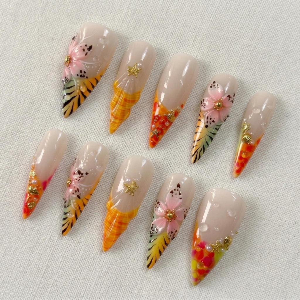 Tropical Press On Nails, 3D Hibiscus Flower Beach Vacation Nail Set