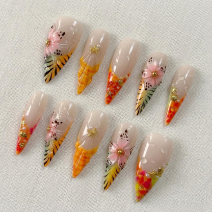 Tropical Press On Nails, 3D Hibiscus Flower Beach Vacation Nail Set