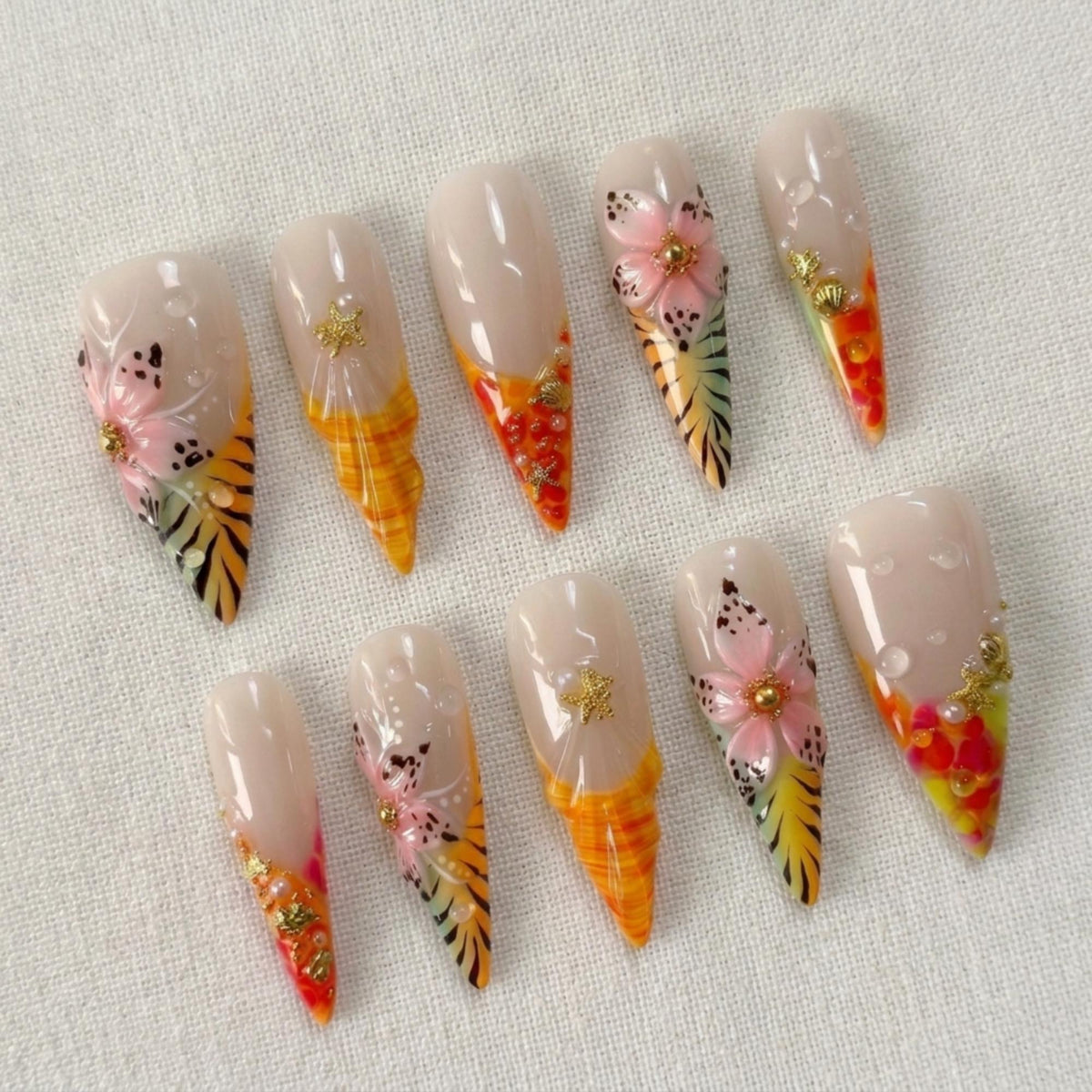 Tropical Press On Nails, 3D Hibiscus Flower Beach Vacation Nail Set