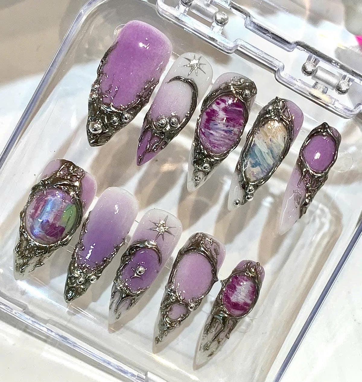 Purple Galaxy Press On Nails | Amethyst Crystal Celestial Silver Frame Fake Nails