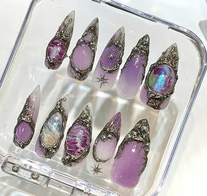 Purple Galaxy Press On Nails | Amethyst Crystal Celestial Silver Frame Fake Nails