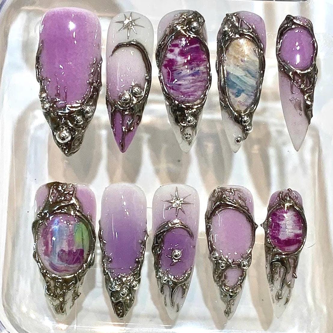 Purple Galaxy Press On Nails | Amethyst Crystal Celestial Silver Frame Fake Nails