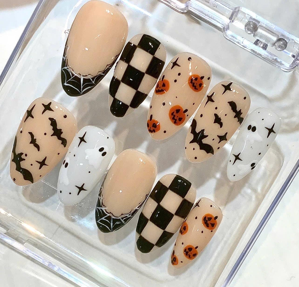 Halloween Press On Nails | Ghost Pumpkin Bat Checkerboard Spooky Fall Set