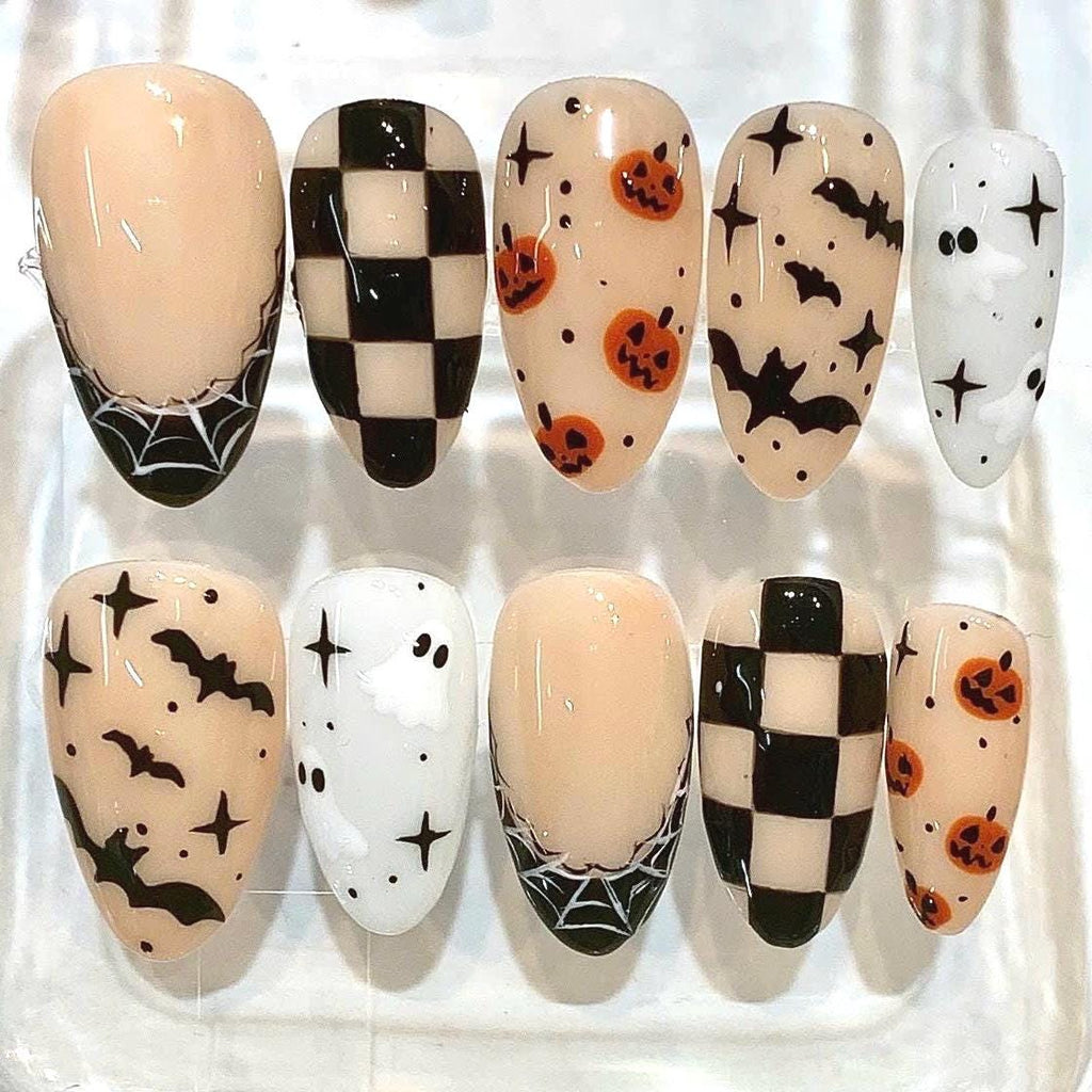 Halloween Press On Nails | Ghost Pumpkin Bat Checkerboard Spooky Fall Set