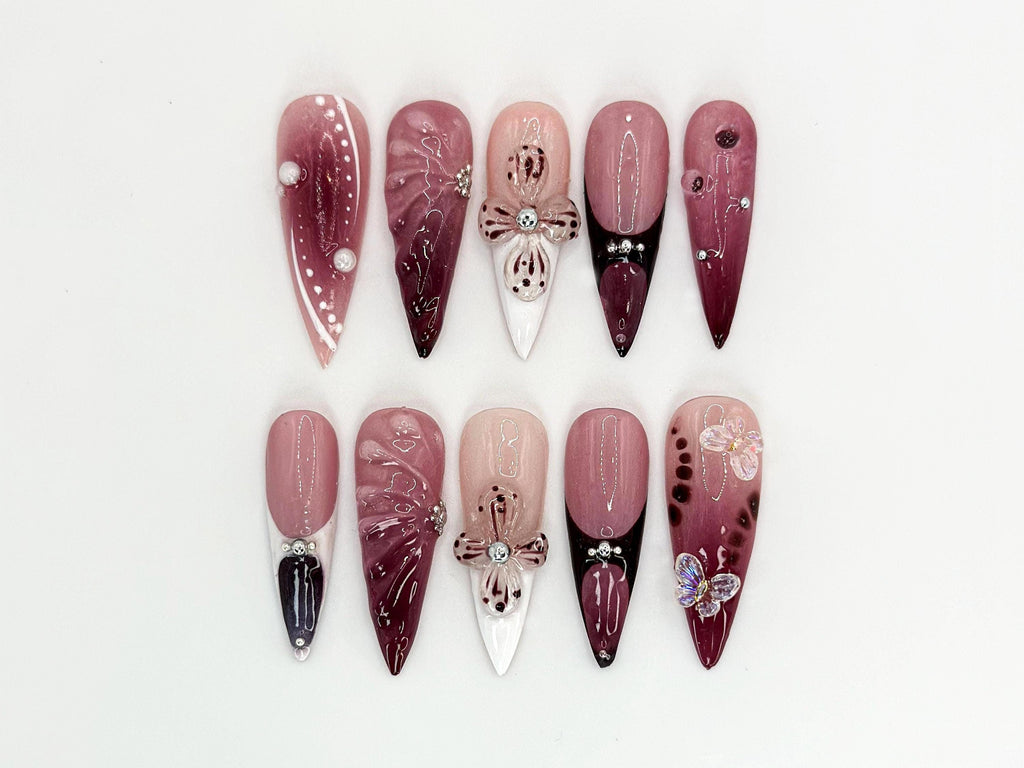 Burgundy Floral 3D Press On Nails | Floral Design with Rhinestones| Floral Accents And Pearl Details | Stylish & Trendy Nail Design |JB660HK