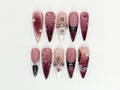 Burgundy Floral 3D Press On Nails | Floral Design with Rhinestones| Floral Accents And Pearl Details | Stylish & Trendy Nail Design |JB660HK