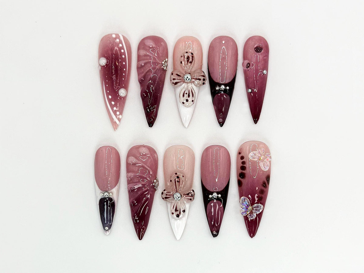 Burgundy Floral 3D Press On Nails | Floral Design with Rhinestones| Floral Accents And Pearl Details | Stylish & Trendy Nail Design |JB660HK