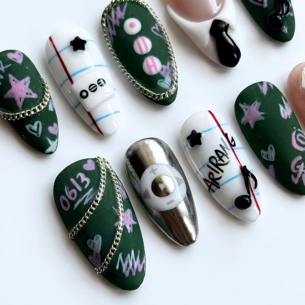 Kpop Concert Press On Nails, Idol Inspired Nail Art, Green Fandom Nails, Handmade Gel Statement Manicure, JC460U