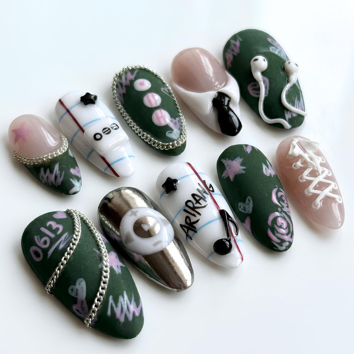 Kpop Concert Press On Nails, Idol Inspired Nail Art, Green Fandom Nails, Handmade Gel Statement Manicure, JC460U