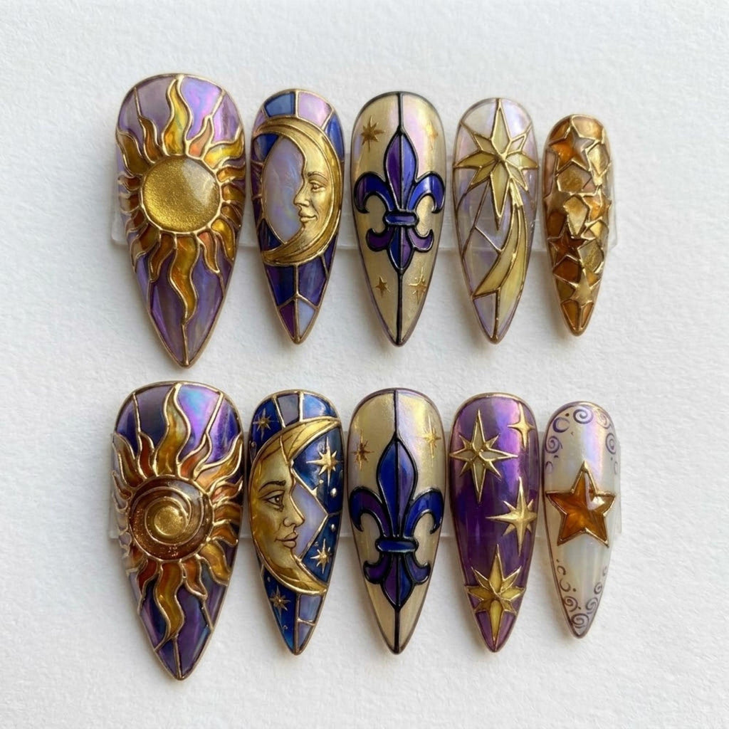 Celestial Stained Glass Press On Nails | Vintage Gothic Inspired | Purple Gold Stiletto Nails | Sun Moon Star Nail | 3D Celestial Art