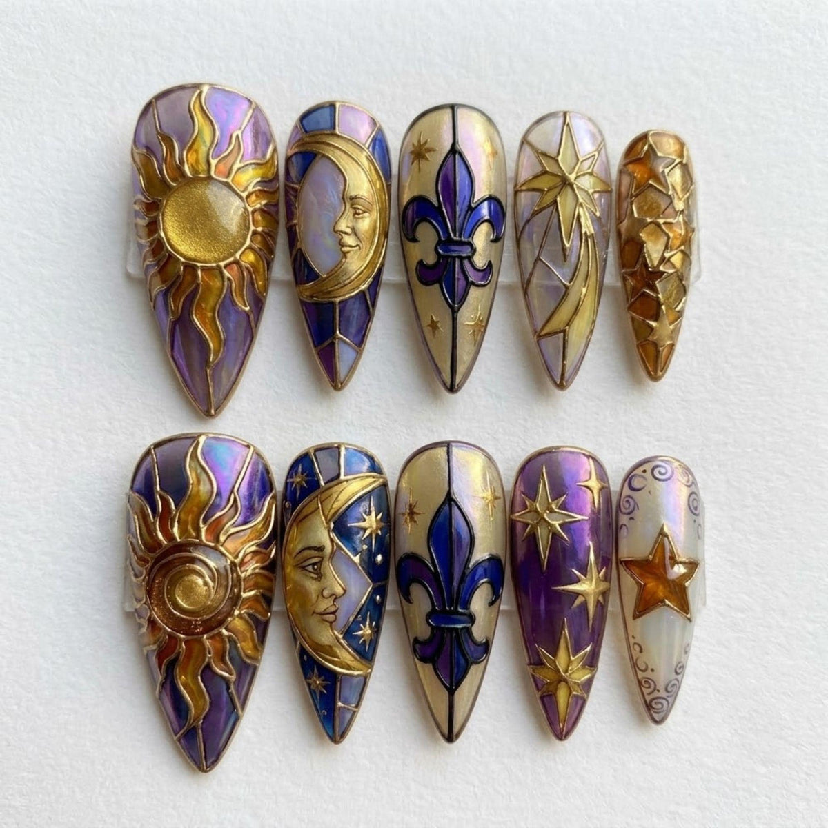 Celestial Stained Glass Press On Nails | Vintage Gothic Inspired | Purple Gold Stiletto Nails | Sun Moon Star Nail | 3D Celestial Art
