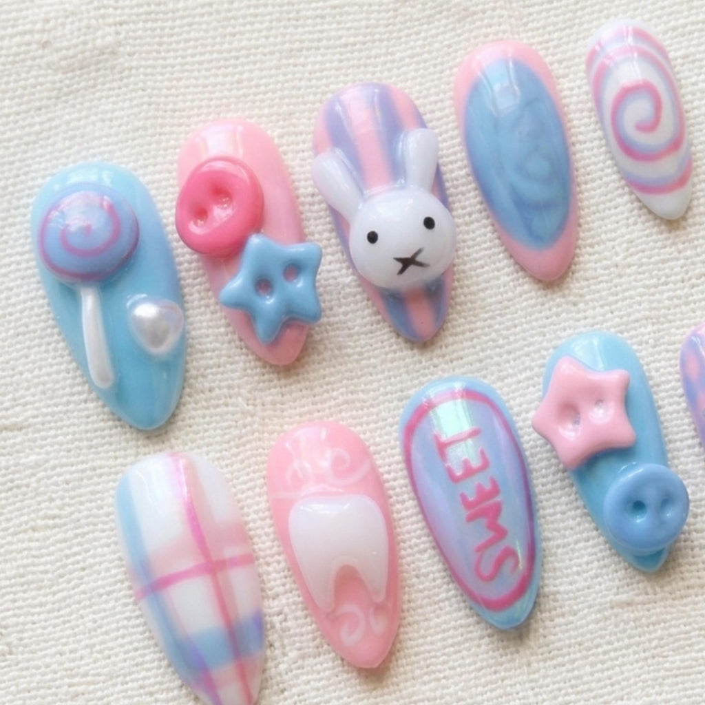 Kawaii Bunny Press On Nails, Pastel Sweet 3D Candy Nail Set