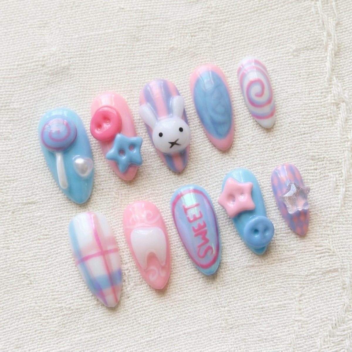 Kawaii Bunny Press On Nails, Pastel Sweet 3D Candy Nail Set