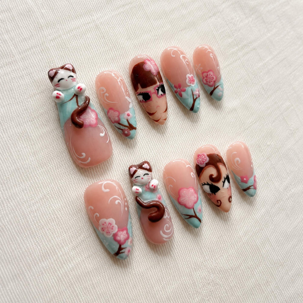 Sakura Cat Press On Nails, Kawaii Japanese Anime Nails, Handmade Fake Nails