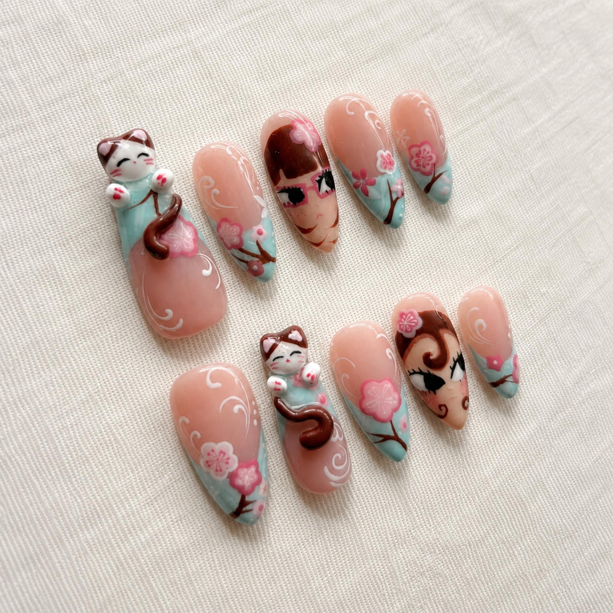 Sakura Cat Press On Nails, Kawaii Japanese Anime Nails, Handmade Fake Nails