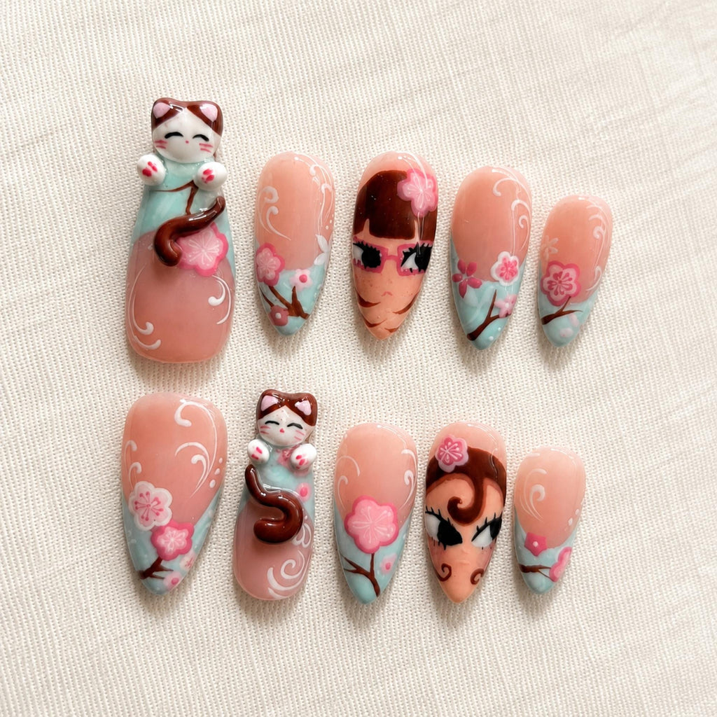 Sakura Cat Press On Nails, Kawaii Japanese Anime Nails, Handmade Fake Nails