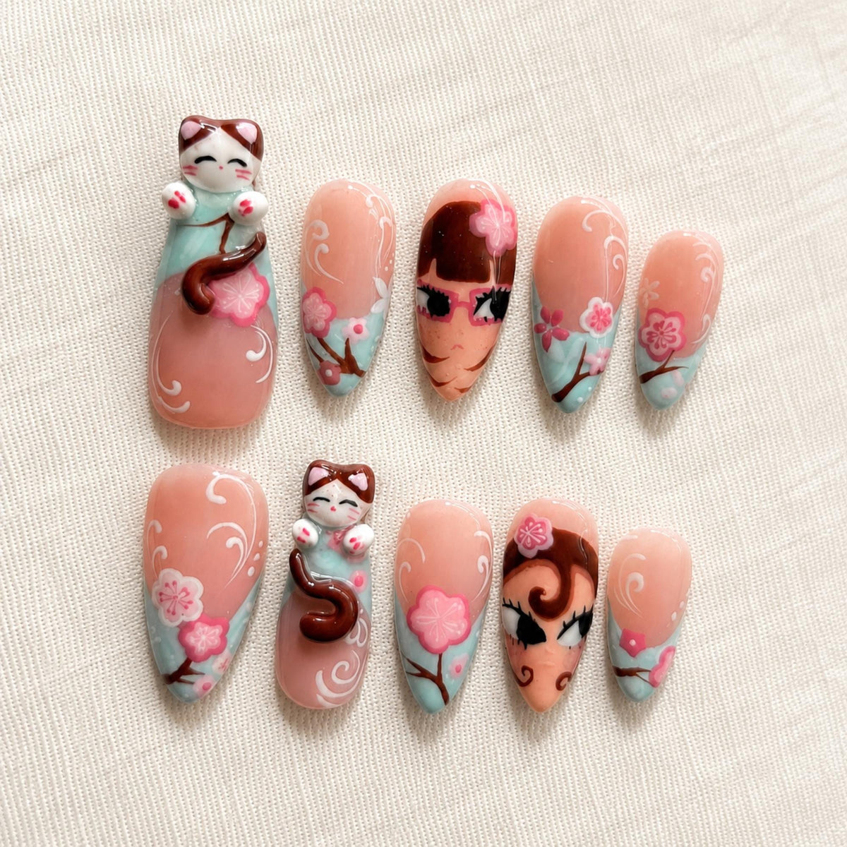 Sakura Cat Press On Nails, Kawaii Japanese Anime Nails, Handmade Fake Nails